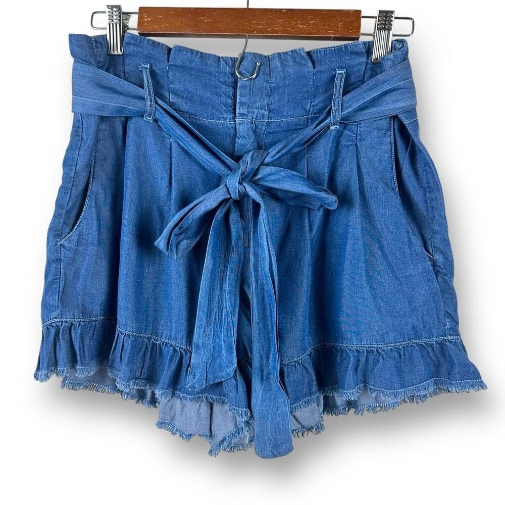 Rocks & Indigo Size 28 High Waist Paper Pag Shorts Blue Ruffled Chambray Western